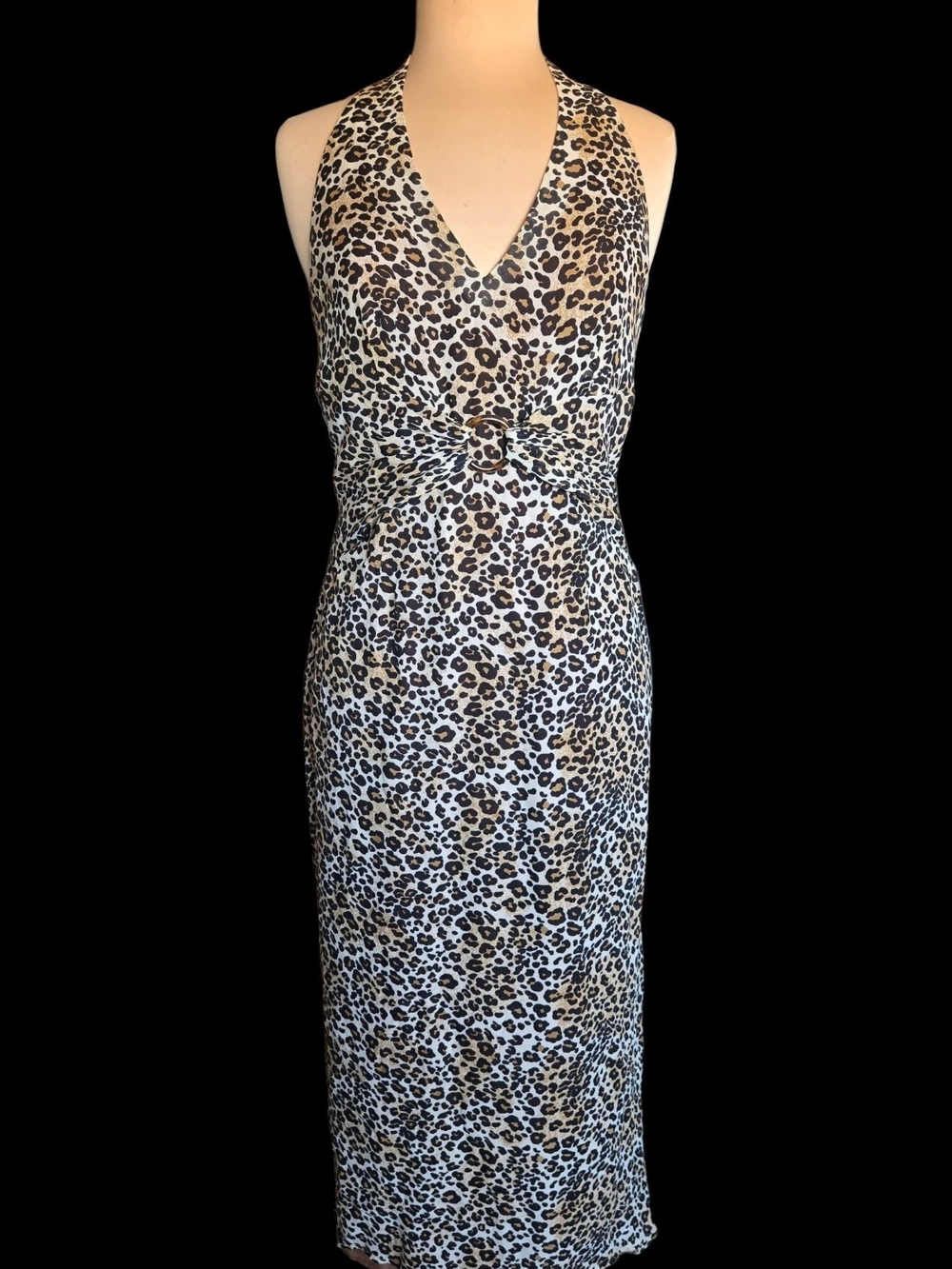 Donna Morgan Silk Leopard Print Halter Midi Dress With Cinch Ring Sz 10